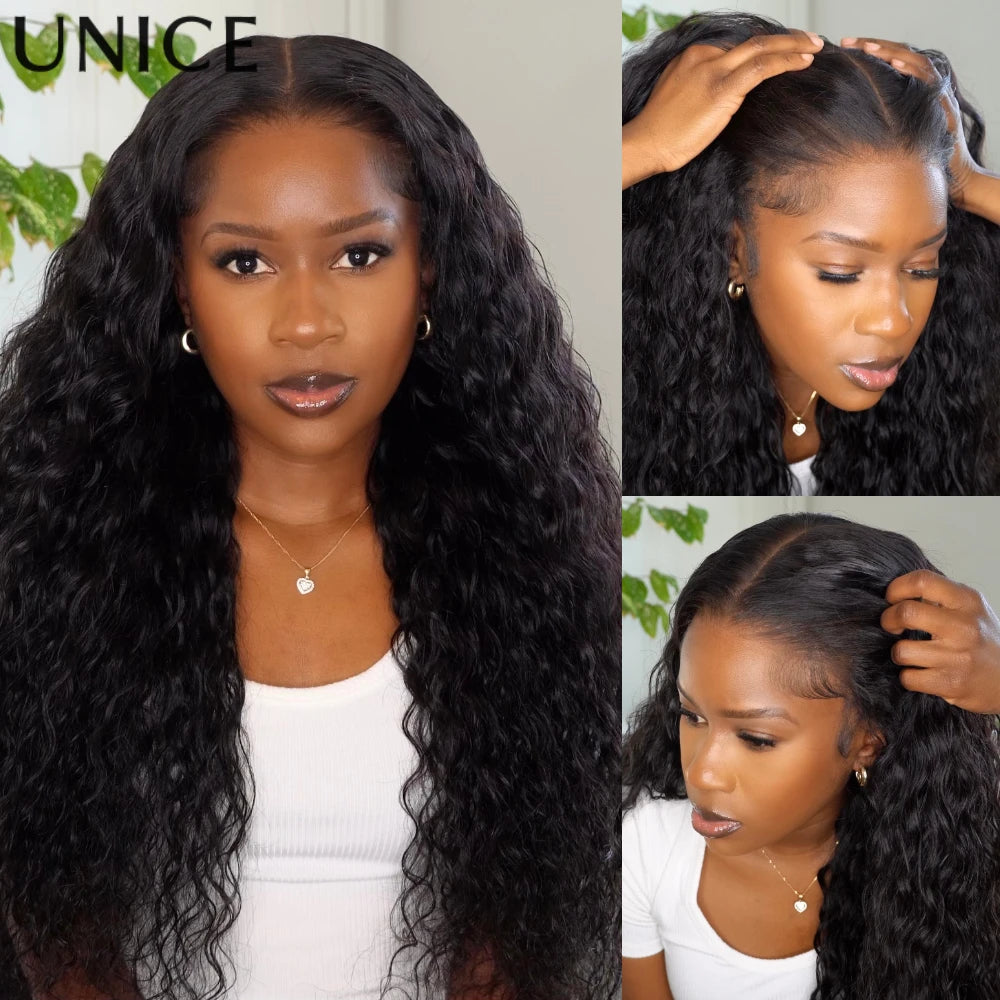 Unice Hair Drawstring Cap 7x5 & 13x4 Water Wave Human Hair Wig With Baby Hair Pre Cut Pre Bleached Pre Plucked Glueless Wigs