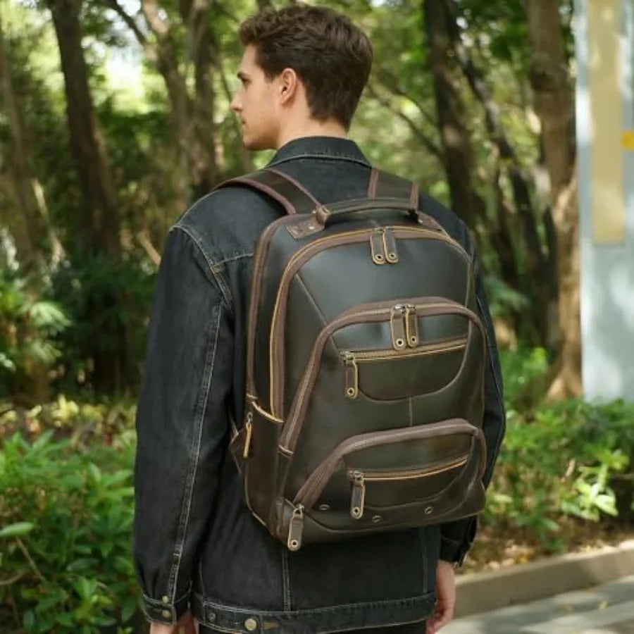 Leather Laptop Travel Backpack for Men Fits 15.6 16 Computer Large Business Work Bag Vintage Overnight Weekender Daypack Campin