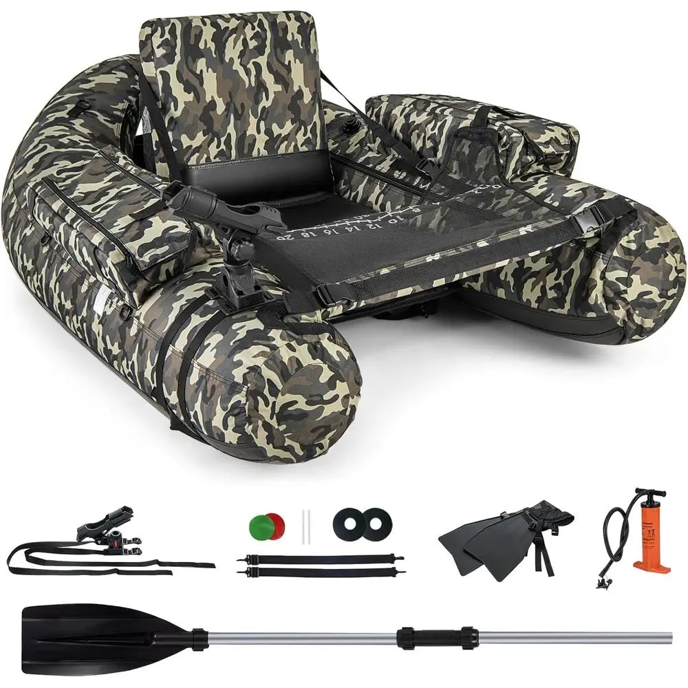 Inflatable Belly Boat with Fish Ruler, Fishing Rod Holder, Pump, Storage Bag, Flippers & Adjustable Straps, Portable Backpack Fl