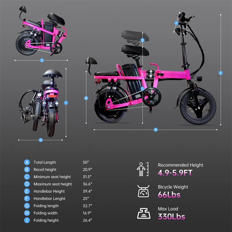 Pink Folding Electric Bike for Adults Teens 500W Peak Motor 48v 20ah Battery Commuter City Ebike