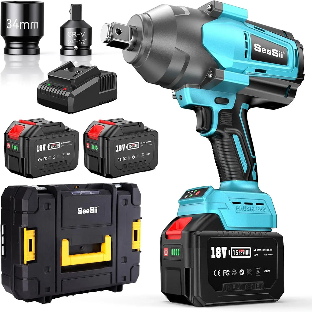 SEESII Cordless Electric Impact Wrench 2000Nm High Torque Brushless Power Impact Gun 3/4" Car Repair For Makita 2x 6.0Ah Battery