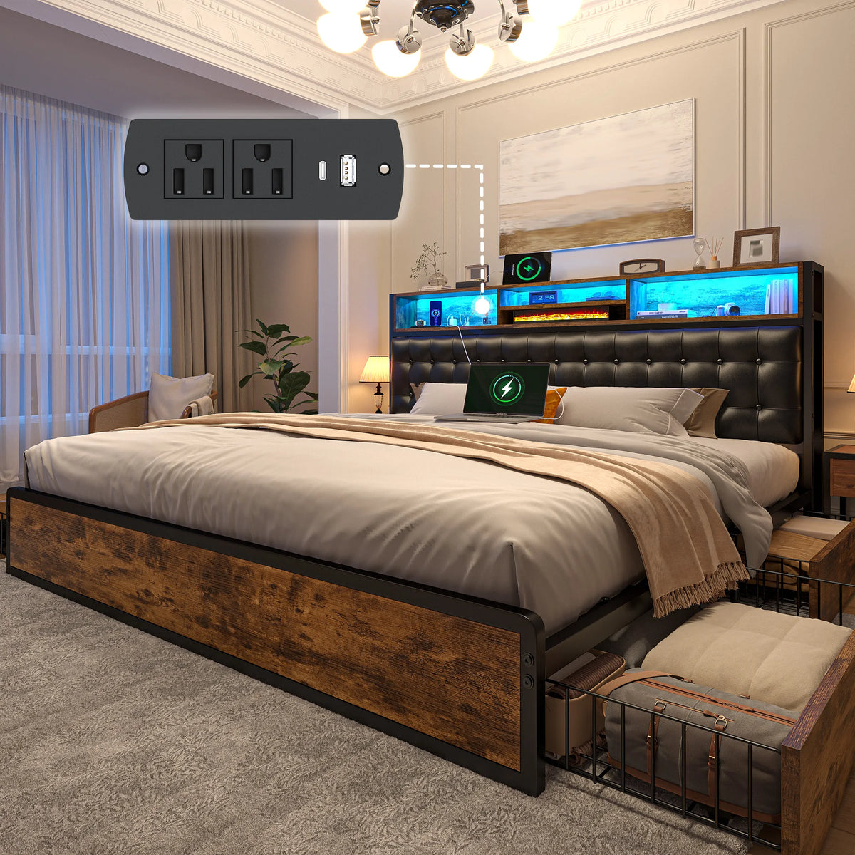 Upholstered LED Bed Frame with 4 Storage Drawers & Charging Station Platform Bed Frame with Storage Headboard No Noise