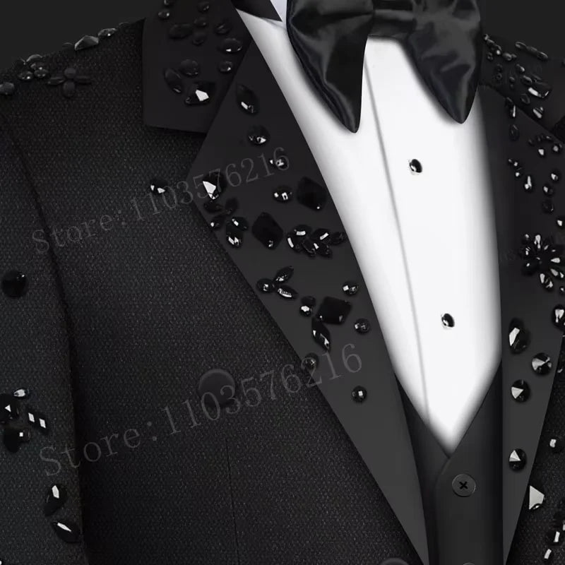 Upscale Men's Black Suits 2 Pieces Tailored Made Beaded Crystals single breasted Slim Fit Suits Wedding Groom Business Prom