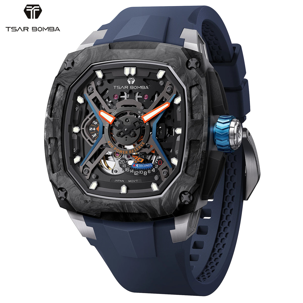 TSAR BOMBA Men's Luxury Mechanical Watch, Carbon Fiber Case, Luminous, 5ATM Waterproof, Viton Strap, Ideal Gift for Men