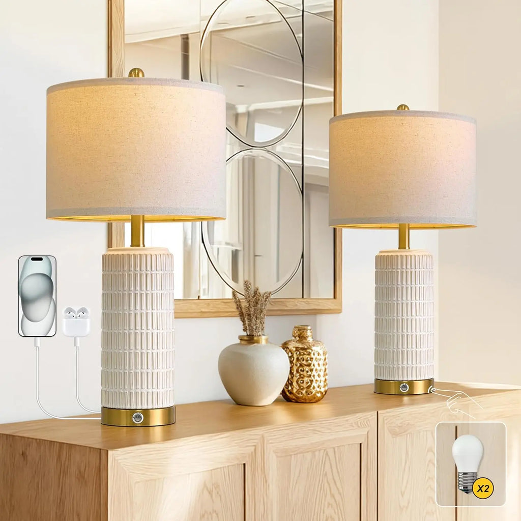 Dimmable Touch Bedside Lamps with USB A+C Ports, Modern Ceramic Design for Bedroom and Living Room