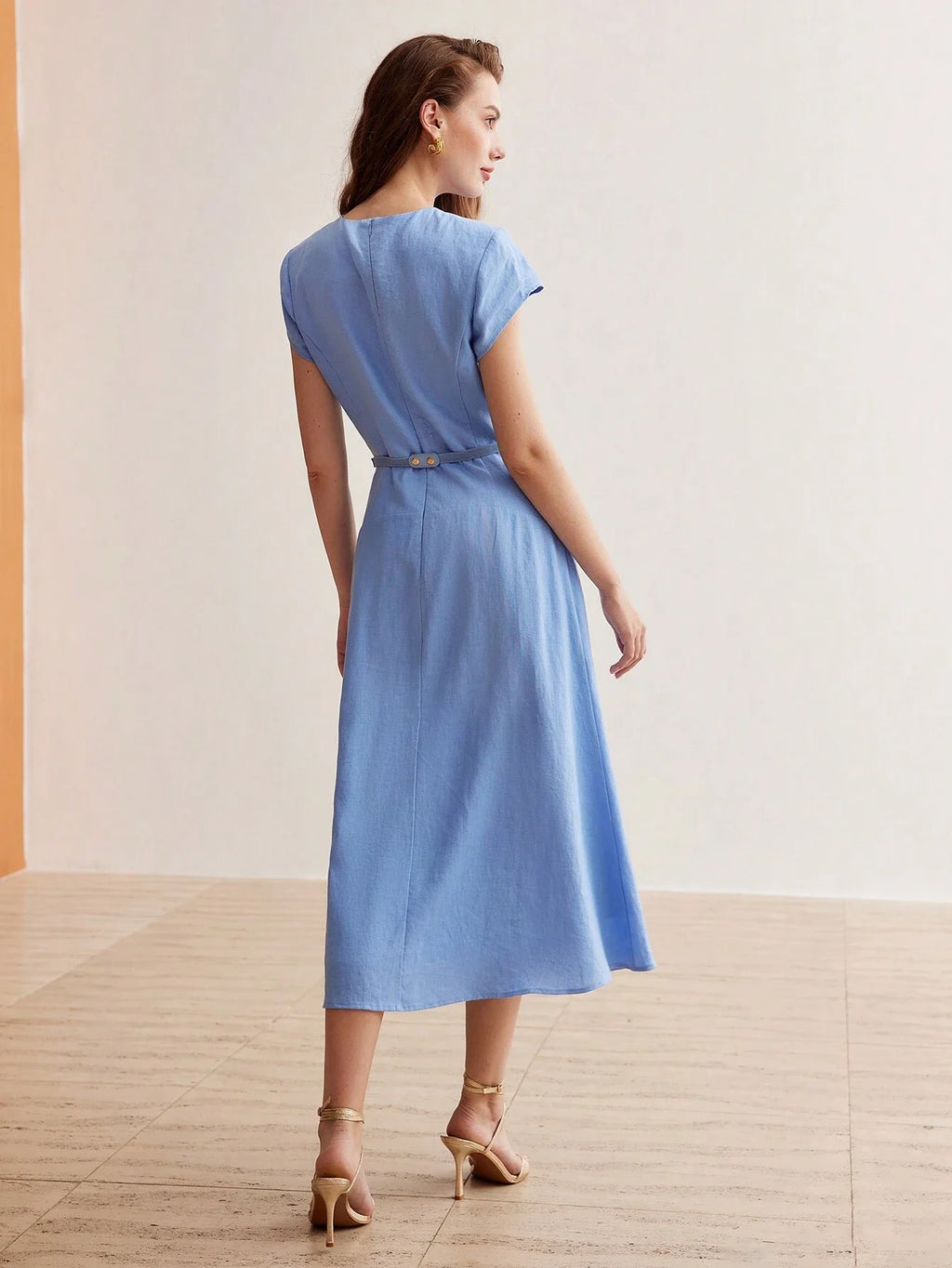 Linen Solid Color Floral Belted Midi Dress Summer Elegant Outfit