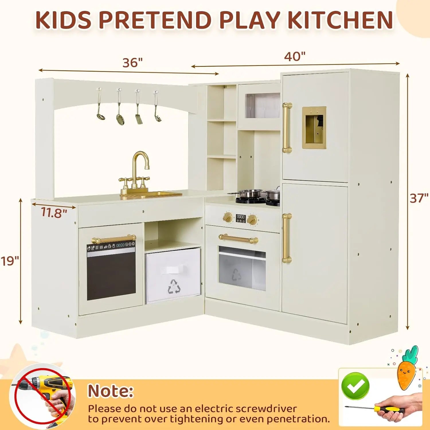 Corner Play Kitchen for Kids, Wooden Pretend Toy Kitchen, Large Toodler Cooking Playset w/Refrigerator, Stove w/Light & Sound, D