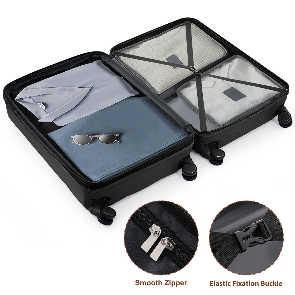 3 Piece Airline Certified Carry-on Luggage Set Cup Holder ABS Hard Shell Spinner Wheels Black Travel Suitcase