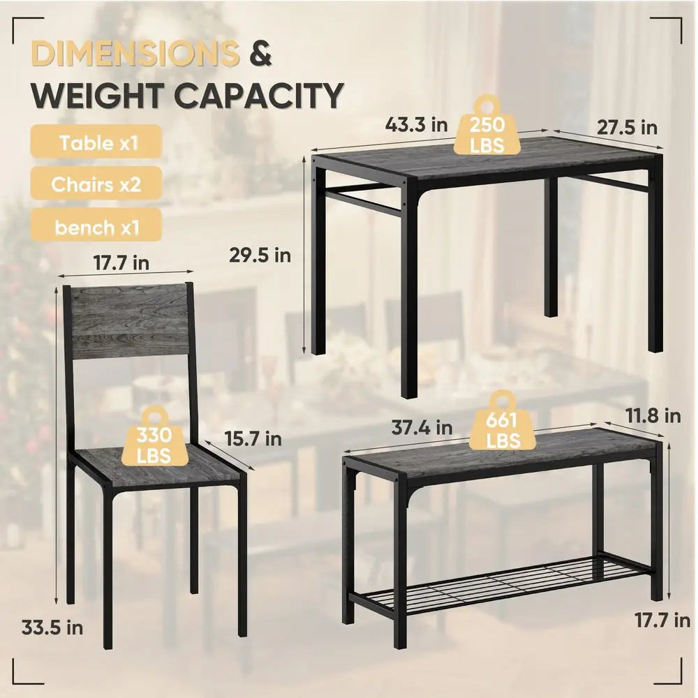 Kitchen Table and 2 Chairs for 4 with Bench, 4 Piece Dining Sets for Small Space, Dark Grey