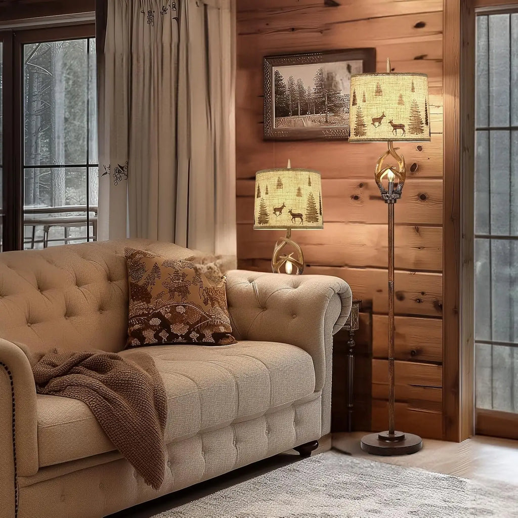 Rustic Antlers Floor Lamp with Nightlight, Brown Finish Round Shade for Living Room Bedroom Office