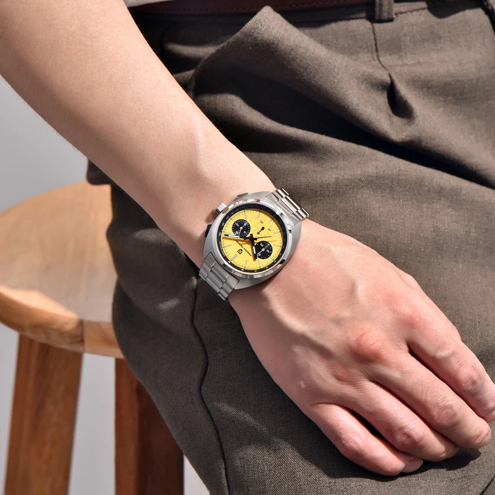 PAGANI DESIGN 2026 New Vibrant Yellow Men Watches Luxury Quartz Wrist Watch For Men Sapphire Speed Chronograph Retro Dial Clock