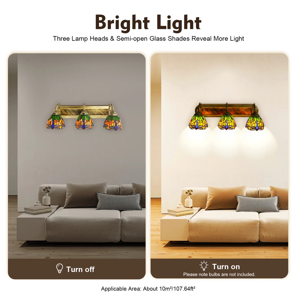 3-light Dragonfly Patterns Wall Lamp with 3 Standard E27 Lamp Holders and Colorful Glass Lampshades for Living Rooms, Cafes