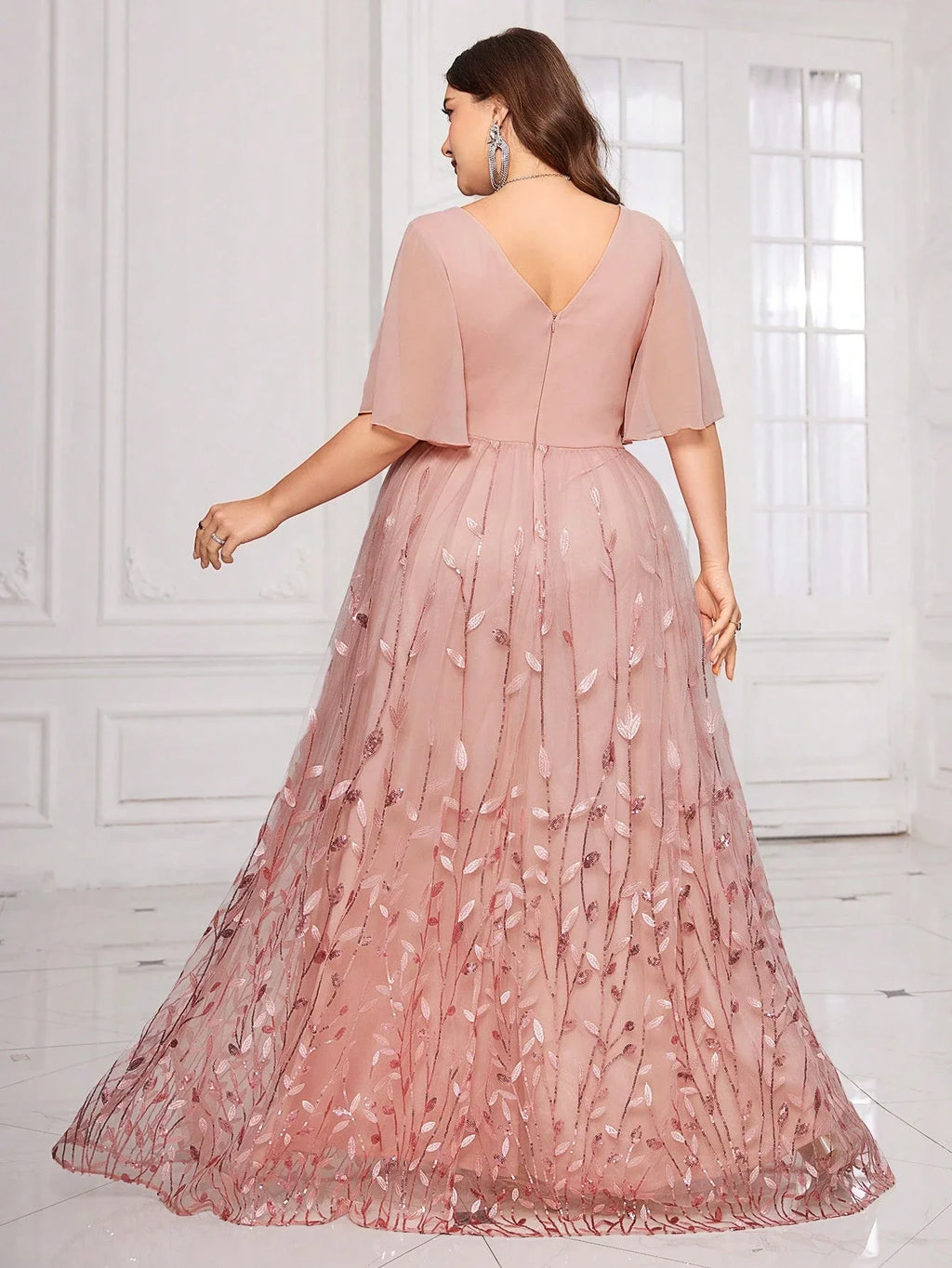 Plus Size V-Neck Flounce Sleeve Leaf Embroidered Mesh Evening Gown For Wedding Guest Prom