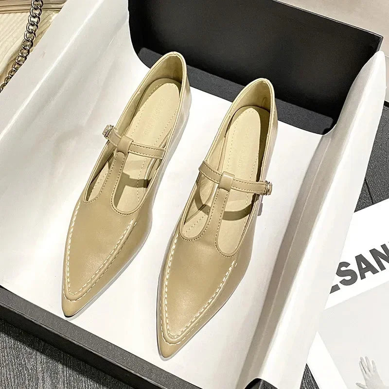 2024 Womens Fashion Pointed Lace Buckle Shoes Almond Vintage Kawaii Solid Womens Shoes Flat Bottom Casual Shallow Mouth Mary Sli