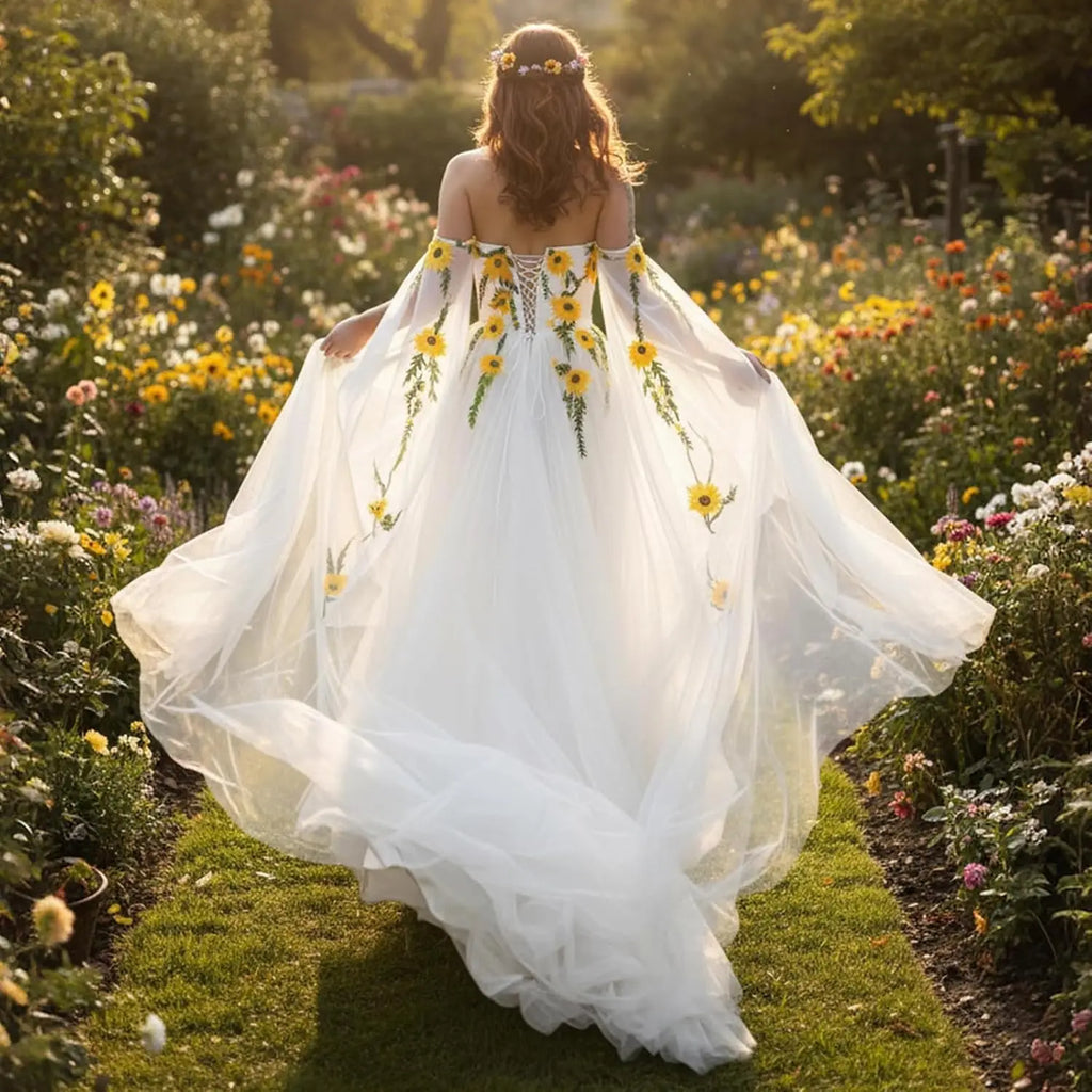 Off Shoulder Sunflower Embroidered Wedding Dresses for Women A-Line Chiffon Cape Sleeves Bohemian Bridal Gowns
