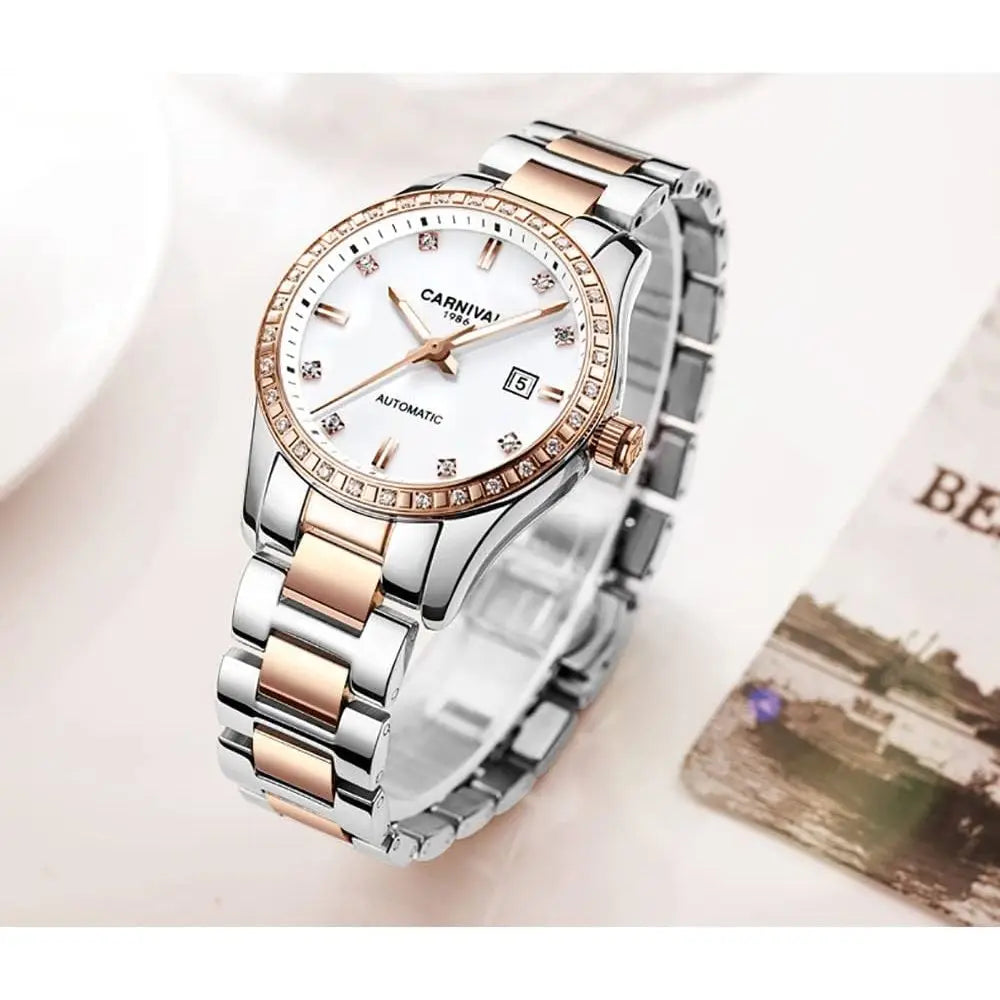 Women's Diamond Automatic Mechanical Rose Gold StainlSteel Sapphire Waterproo Lady's Elegant Blue Watch