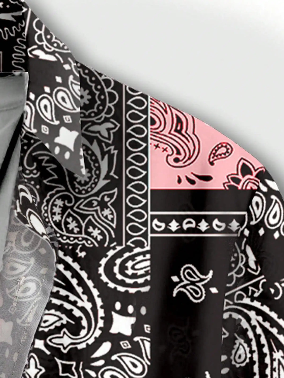 Men's Casual Short Sleeve Shirt with Black Pink Paisley Patchwork Print for Summer Vacation