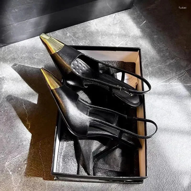 Sandals Fashionable And Retro Pointed-toe High-heeled Metal Patent Leather Heel Single-shoe Fashion Show