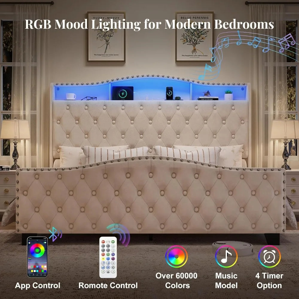 King-size Bed Frame and Headboard, 50.9-inch Velvet-padded Wingback Bed Frame with LED Lights and Storage/charging Station