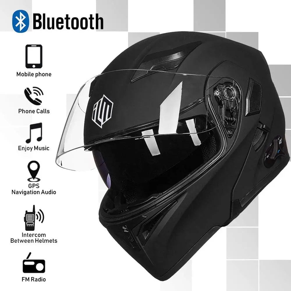Modular Bluetooth Motorcycle Helmet with Flip-Up Full Face, Dual Visor, MP3 Intercom & FM Radio - Matte Black Large