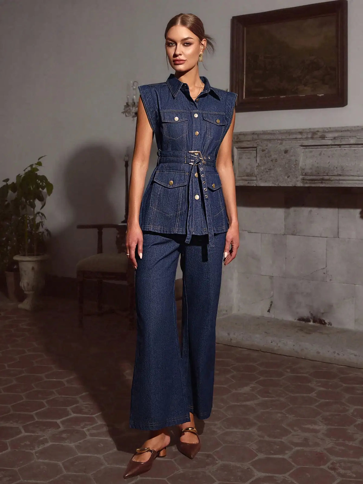 Women's Sleeveless Denim Top With Belted Wide Leg Pants Set Casual Loose Fit