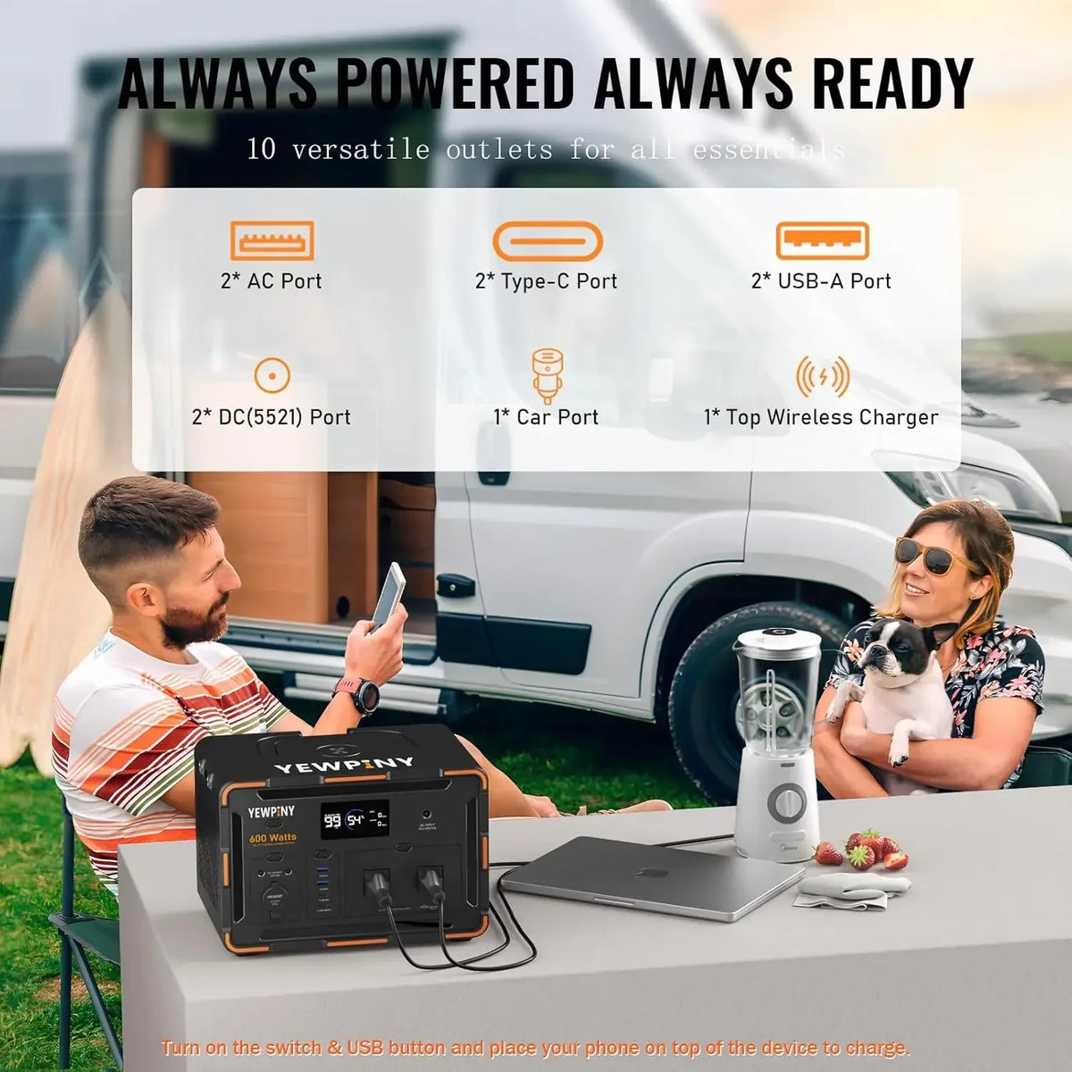 Power Station, 600W Pure Sine Wave, 599.4Wh, Solar Generator, 3000+ Charge Cycles, USB-C PD 100W, 9 Outputs, Wireless