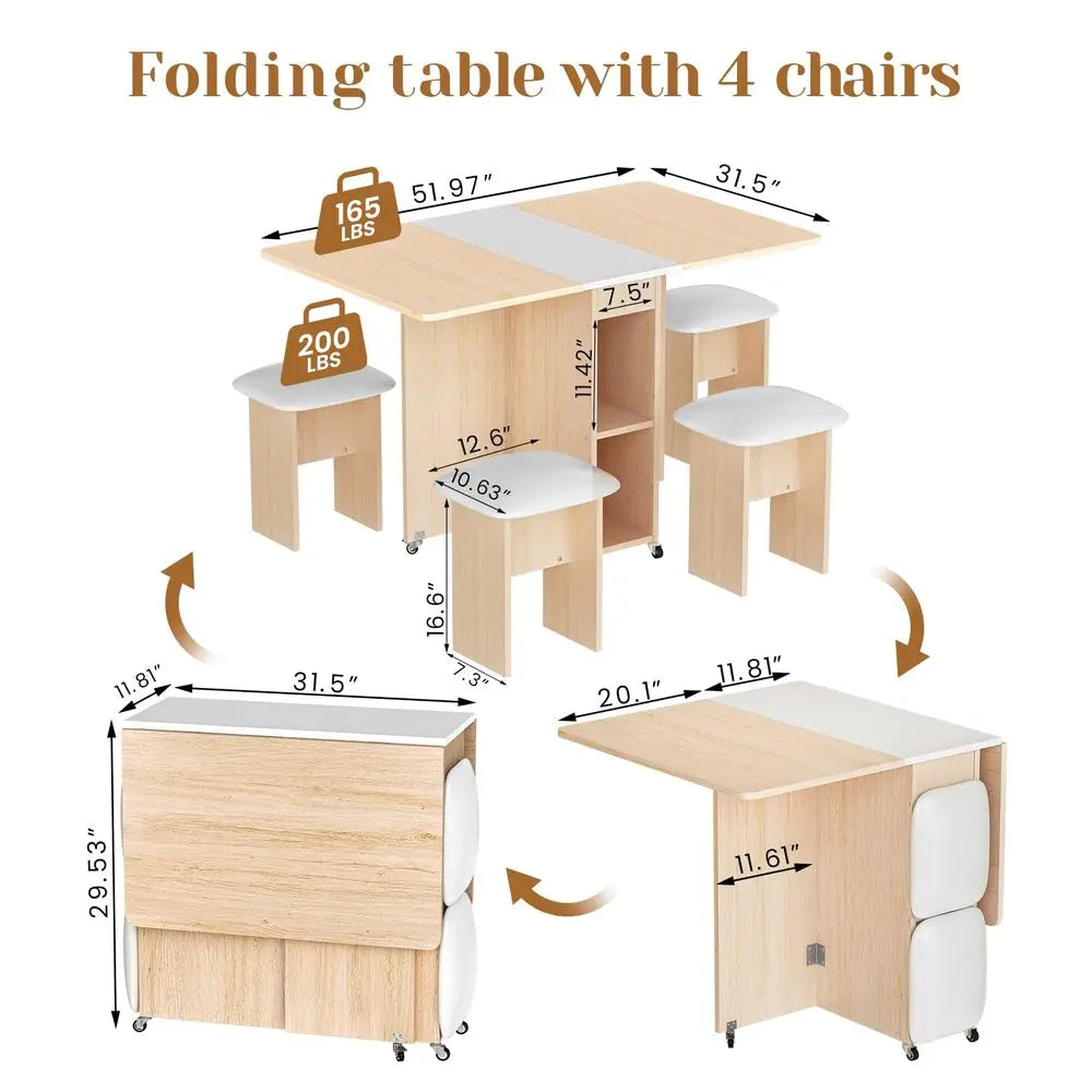Foldable Dining Table Set for 4,Folding Dining Table with 4 Leather Chairs amp Storage,Drop Leaf Dinner Table with 6 Wheels,Fold