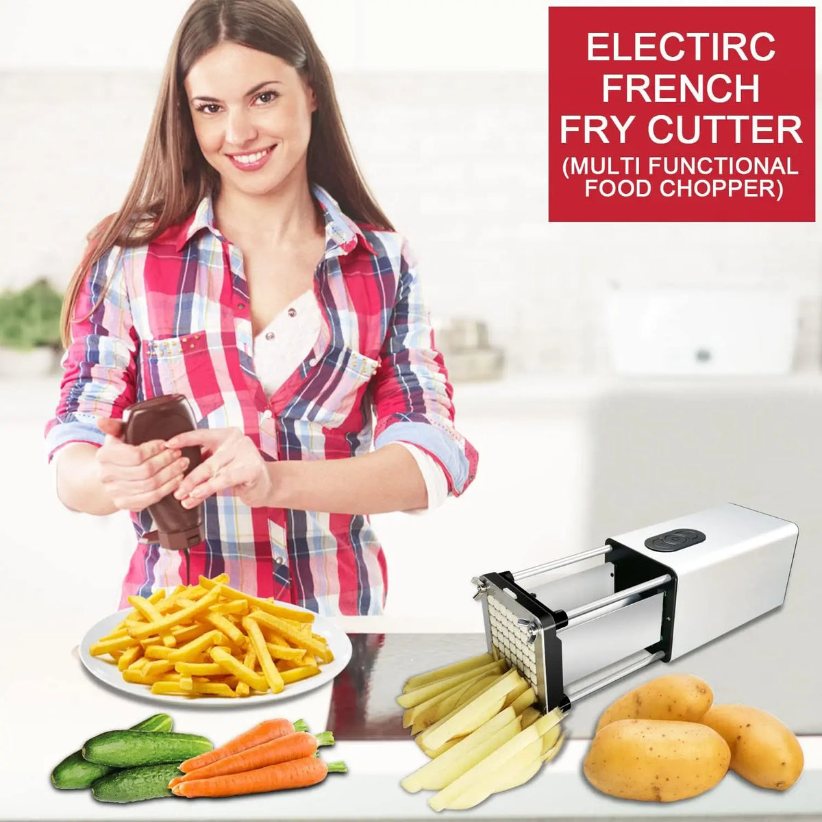 Electric French Fry Cutter with Stainless Steel Blades for Potatoes, Carrots, and Cucumbers in Home Kitchen