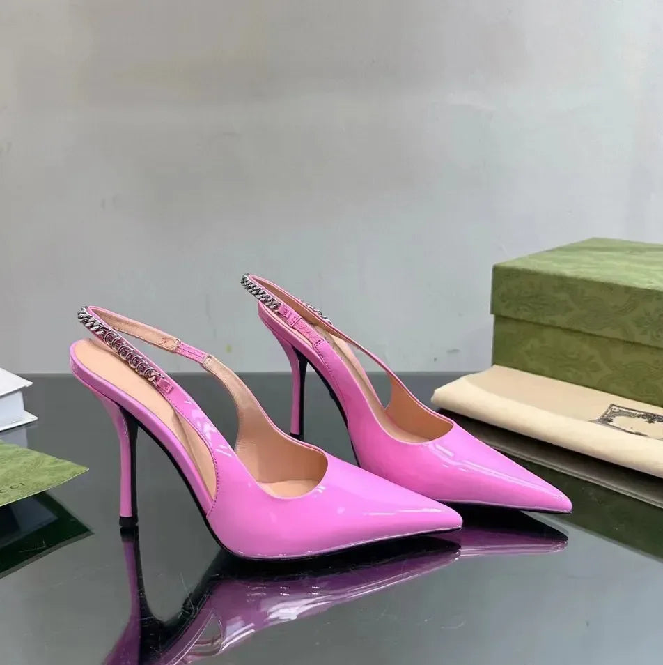 Sandals Sier Veet High Kitten Pink Dress Lady Elegant Pointed Slingbacks Lacquer Leather Heels Shoes Woman Designer