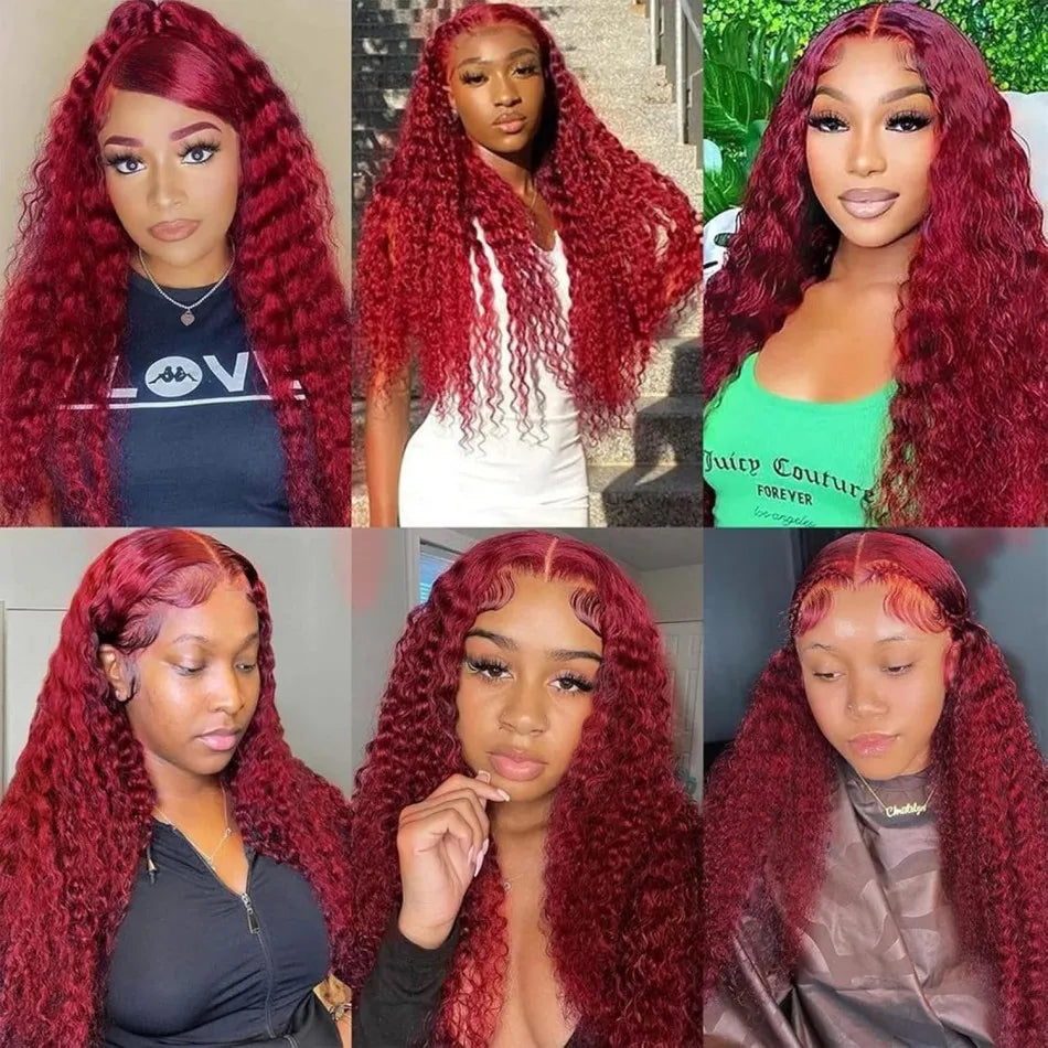 Deep Wave Human Hair Wigs 99J Burgundy 13X6 Hd Lace Frontal Wig 13X4 Human Hair 250 Density Water Wave Preplucked Brazilian Wig