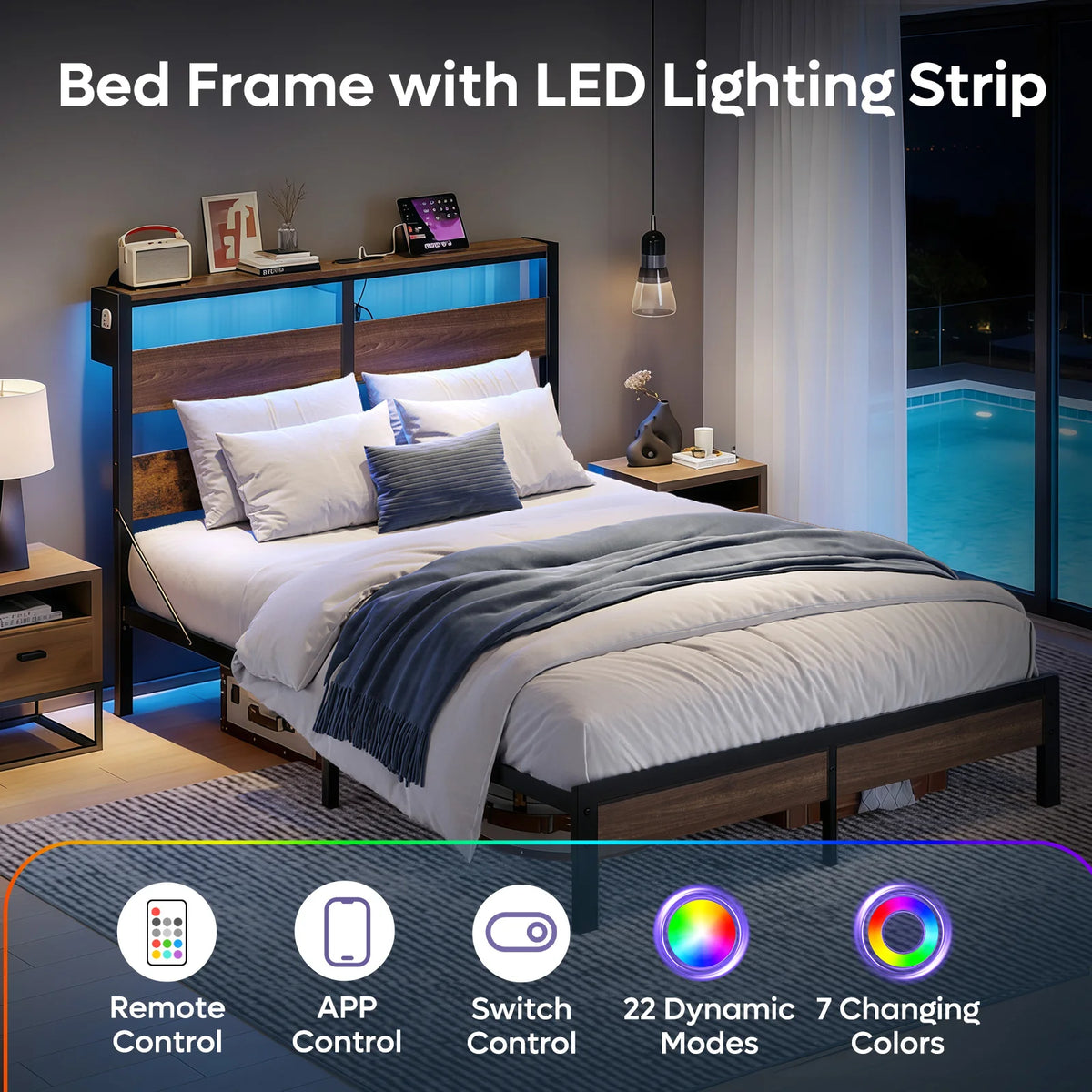 Queen Bed Frame with Headboard and Charging Station,Non-Slip Bed Frame with LED Light,Noise-Free,Easy Assembly,Walnut