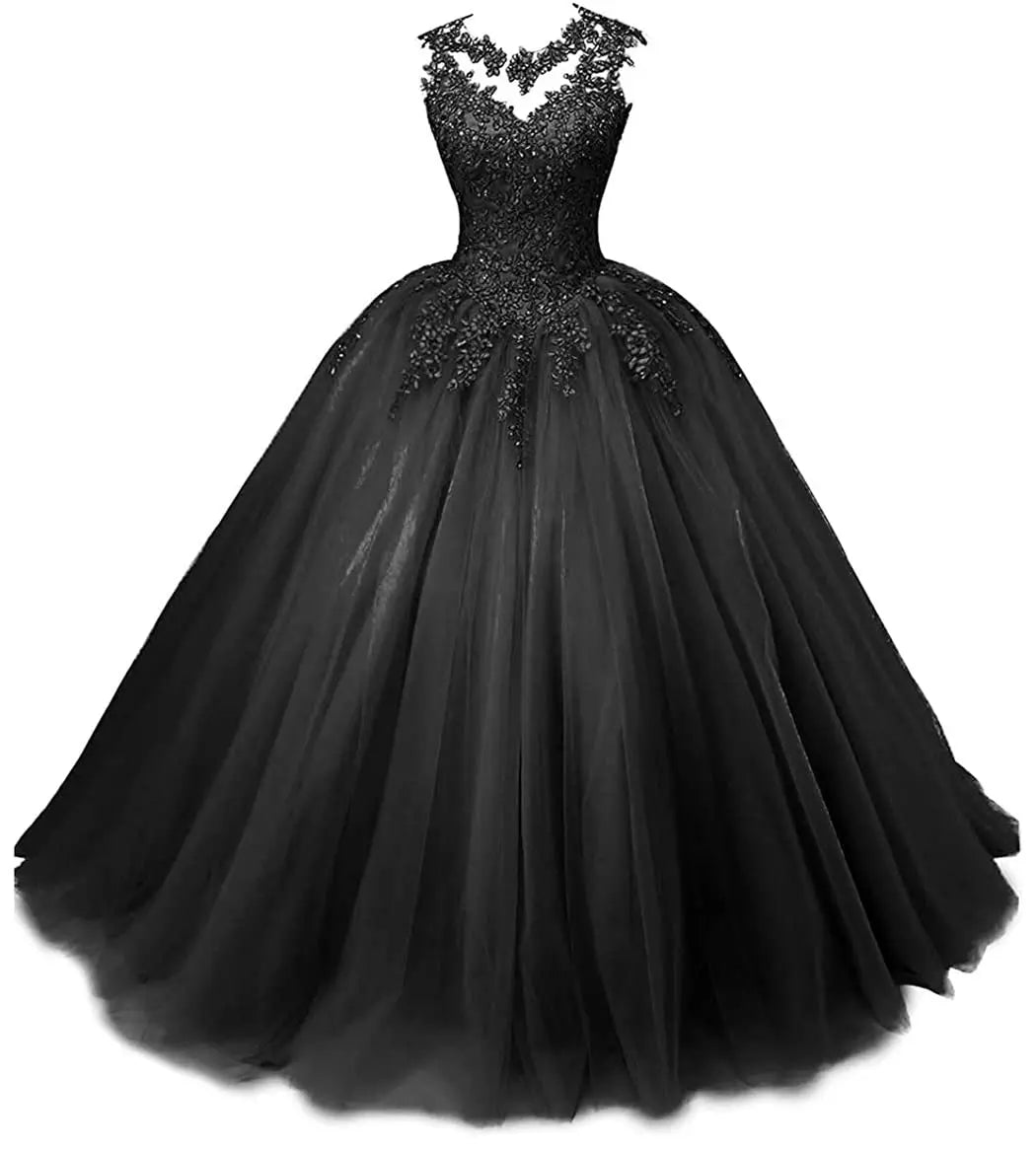 Women's Beaded Appliques Prom Dress Long Ball Gown Quinceanera Dresses Tulle Formal Sweet 16 Dress for Teens