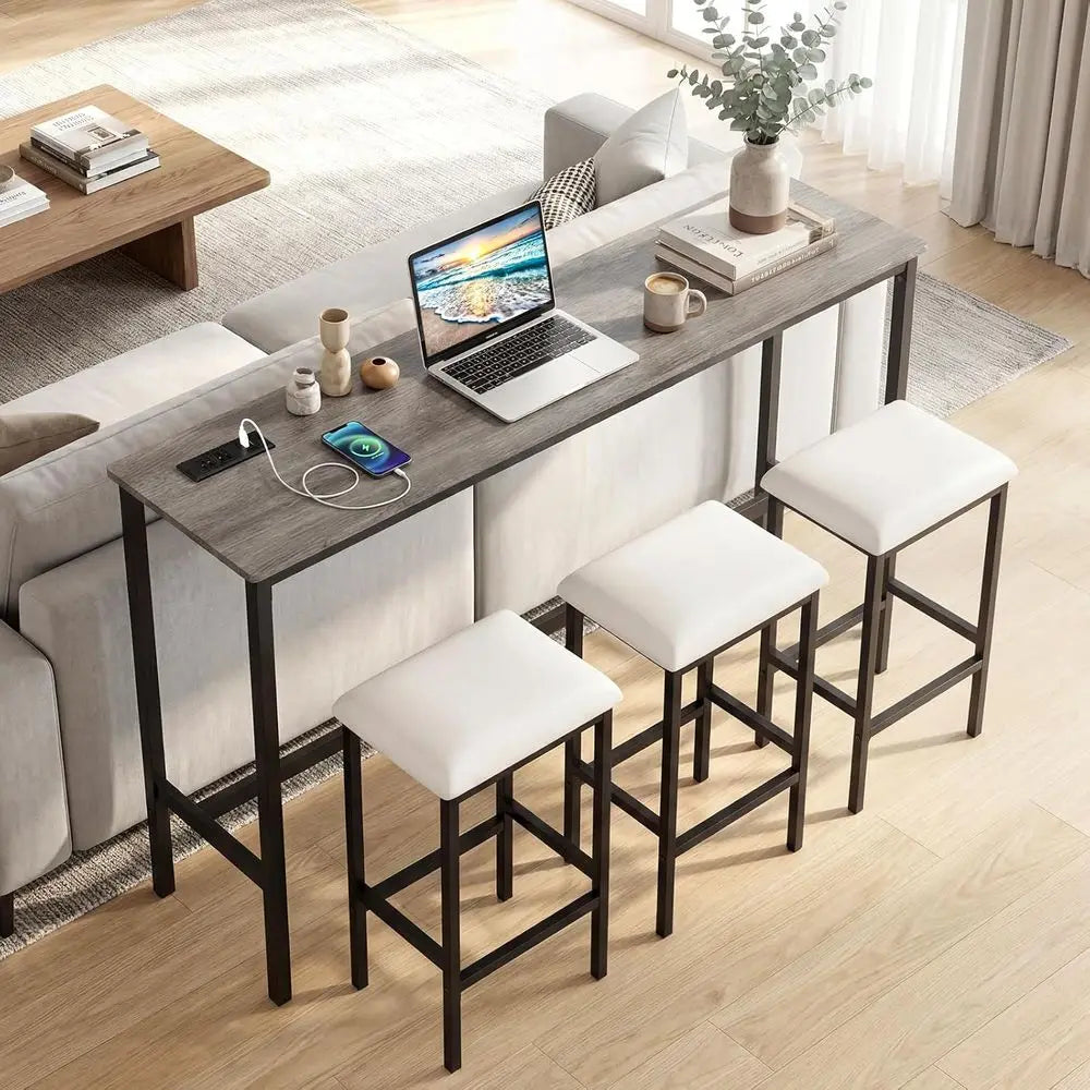4-Piece Counter Height Bar Set with Outlet, 60 Dining Table & 3 Padded Stools, Kitchen Island Table with Upholstered Chairs for