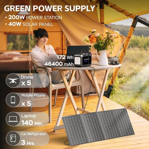 172Wh Portable Solar Power Station with 40W Panel, 200W Output for Camping, Outdoor, Hiking, Fishing & Emergency Use