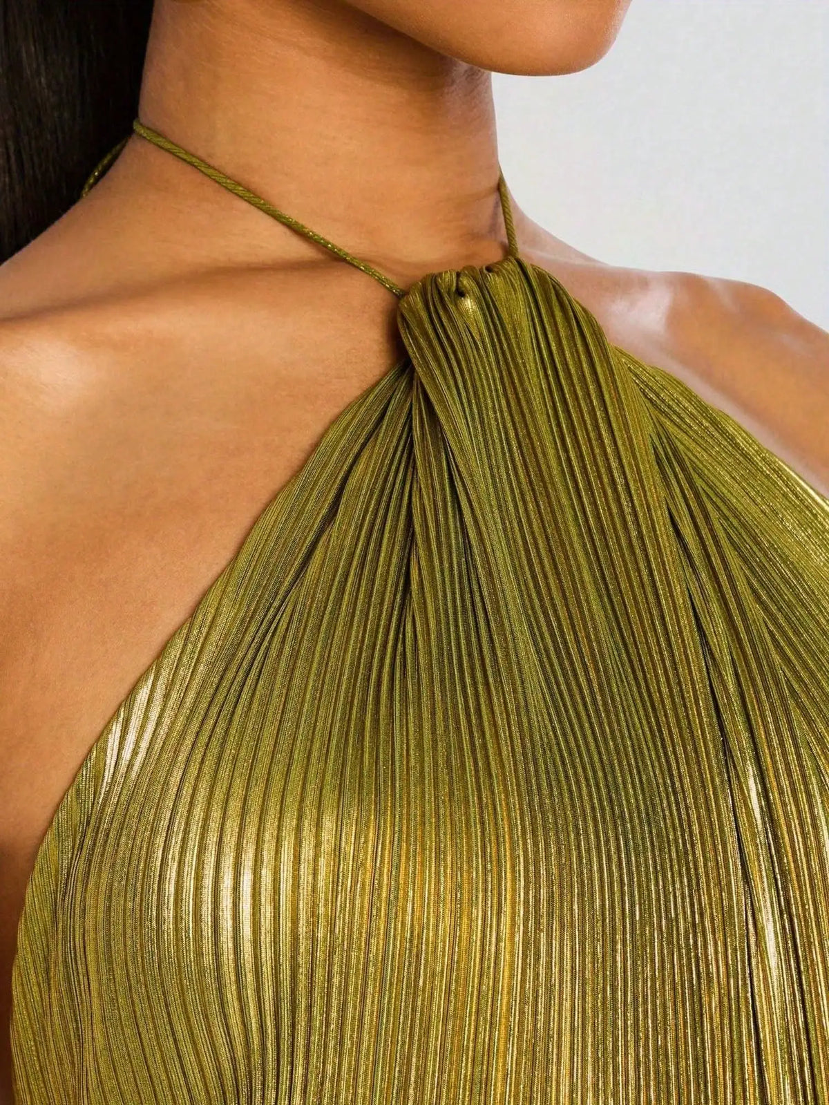 Metallic Olive Green Pleated Halter Maxi Dress with High Slit, Elegant Evening Gown