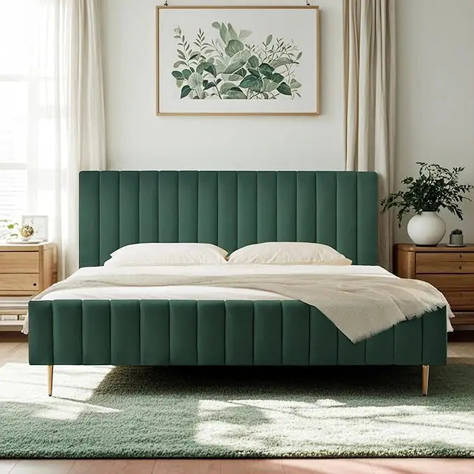 King Size Elton Velvet Platform Bed, Upholstered Bed Frame with Vertical Channel Tufted Headboard Footboard, Customized