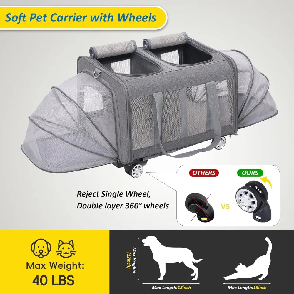 Expandable Pet Carrier with Wheels, Double Cat Dog Carrier 21x 17x 16 up to 40 Lbs, Rolling Pet Carrier for Cats and Dogs, Extra