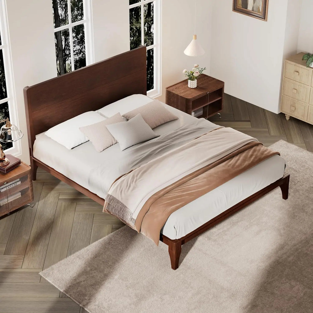 Mid Century Queen Size Bed Frame with Headboard, Bamboo Wood Queen Platform Bed with Slat, Heavy Duty Steel Center, Customized