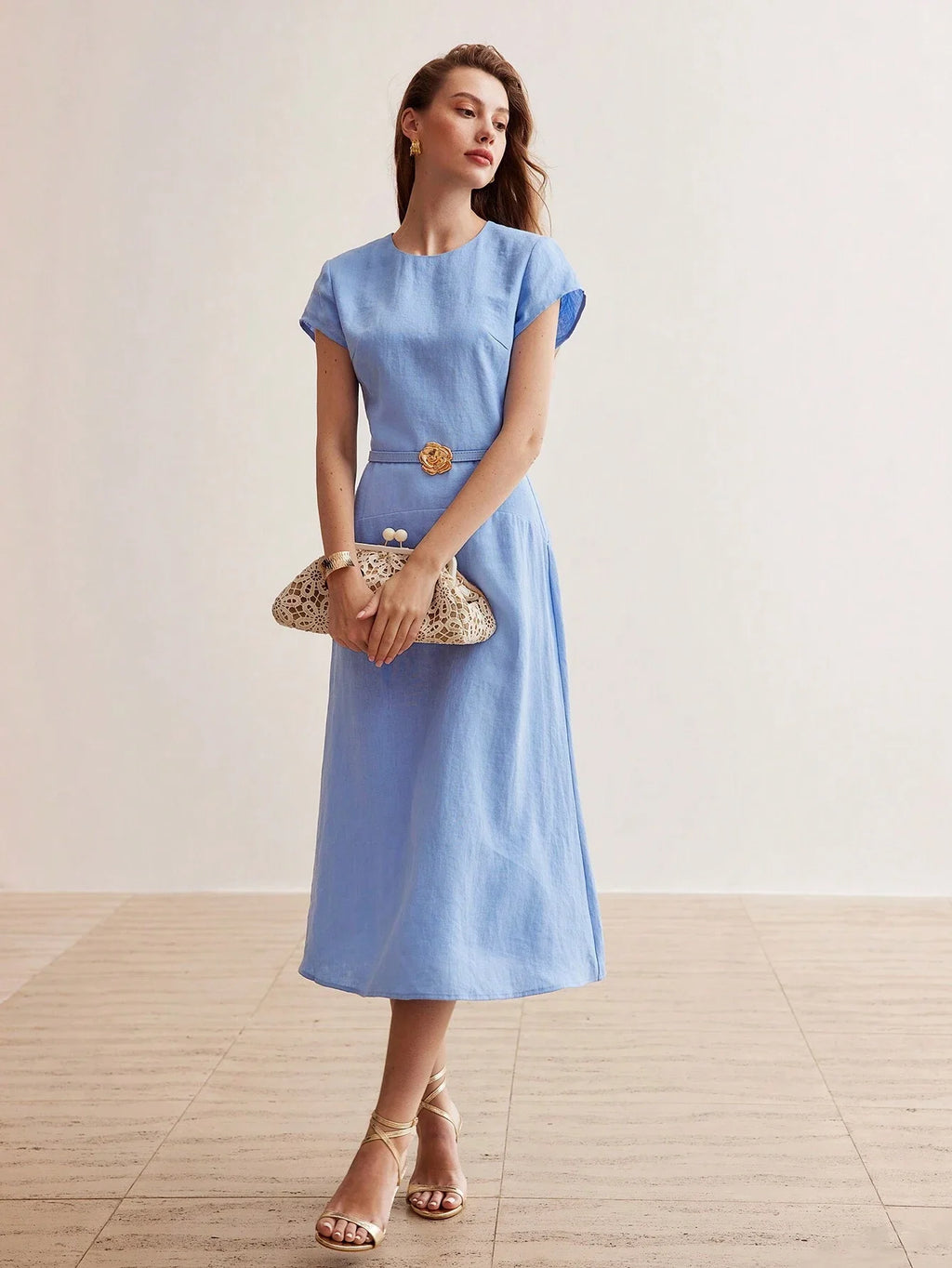 Linen Solid Color Floral Belted Midi Dress Summer Elegant Outfit