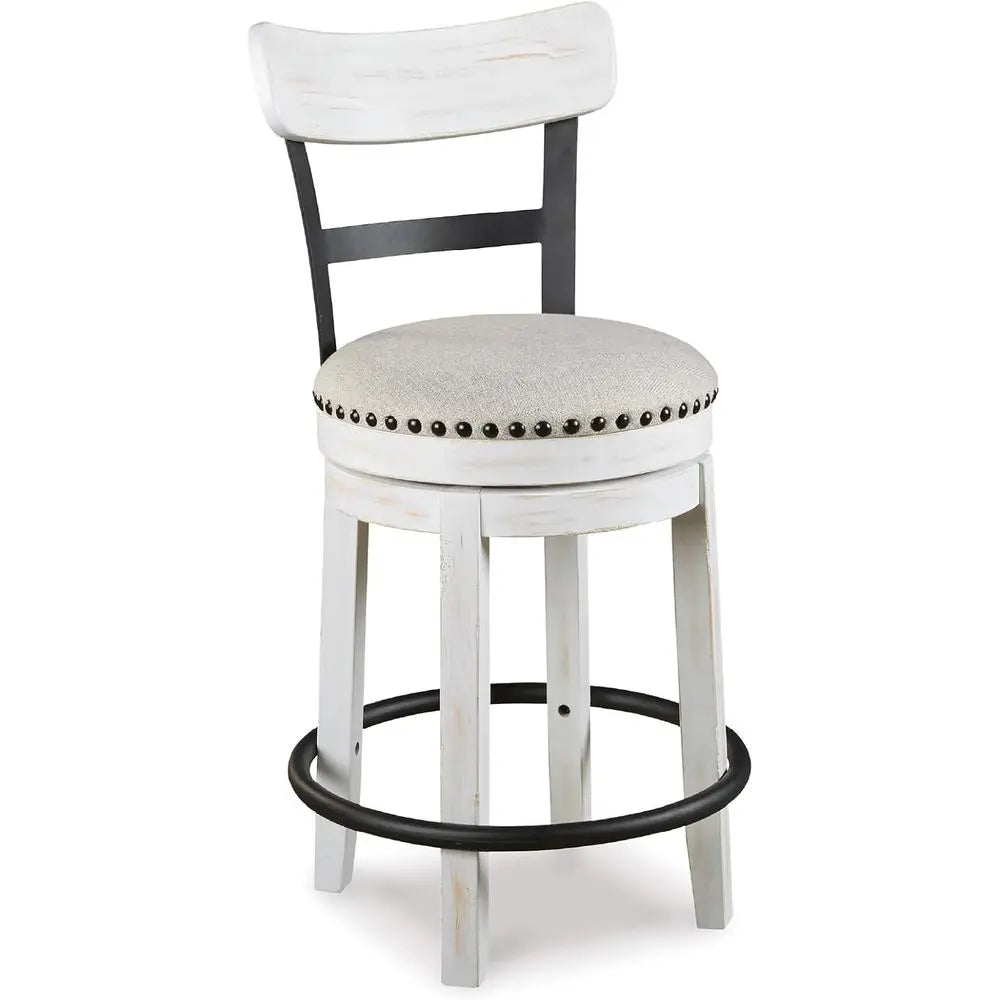 Valebeck | ern Swivel 24.5" Counter Height Barstool – Rustic-Industrial Whitewash, Upholstered Cushion, 360° Swivel, NailTrim