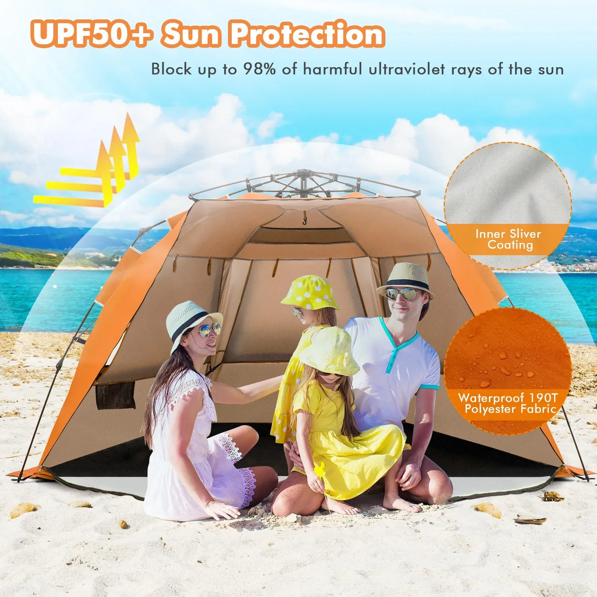 Instant Pop-up Beach Tent w/ Zippered Front Porch & 3 Large Mesh Windows Orange