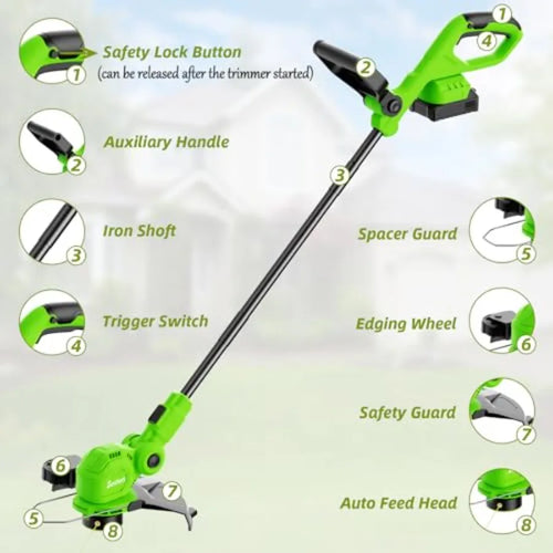 12inch 20V Cordless String Trimmer with Charger 2 X 2.0Ah Battery Powered Grass Mover with Auto Line Feed 2 in 1 Lawn Edger wit