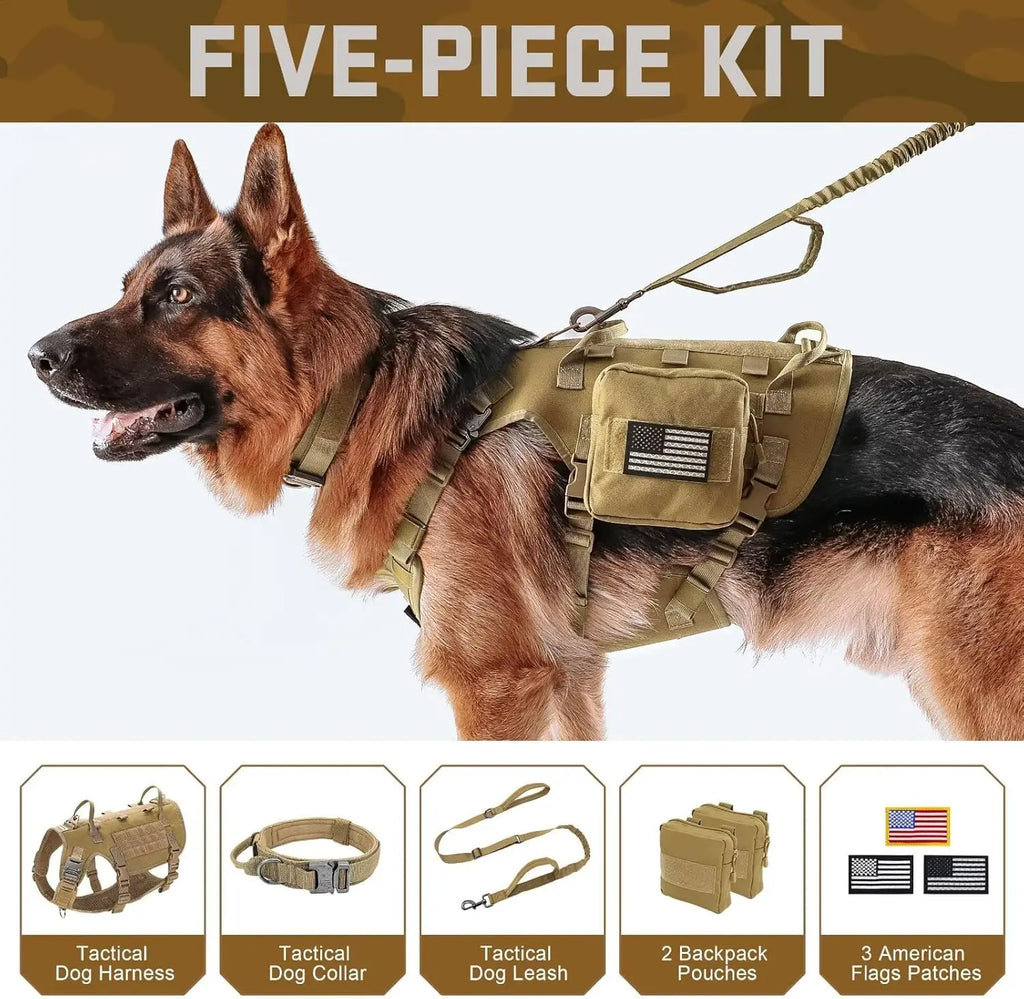 Tactical Dog Harness Set with Bungee Leash, Adjustable for Medium to Large Dogs, No-Pull Control, Khaki Color
