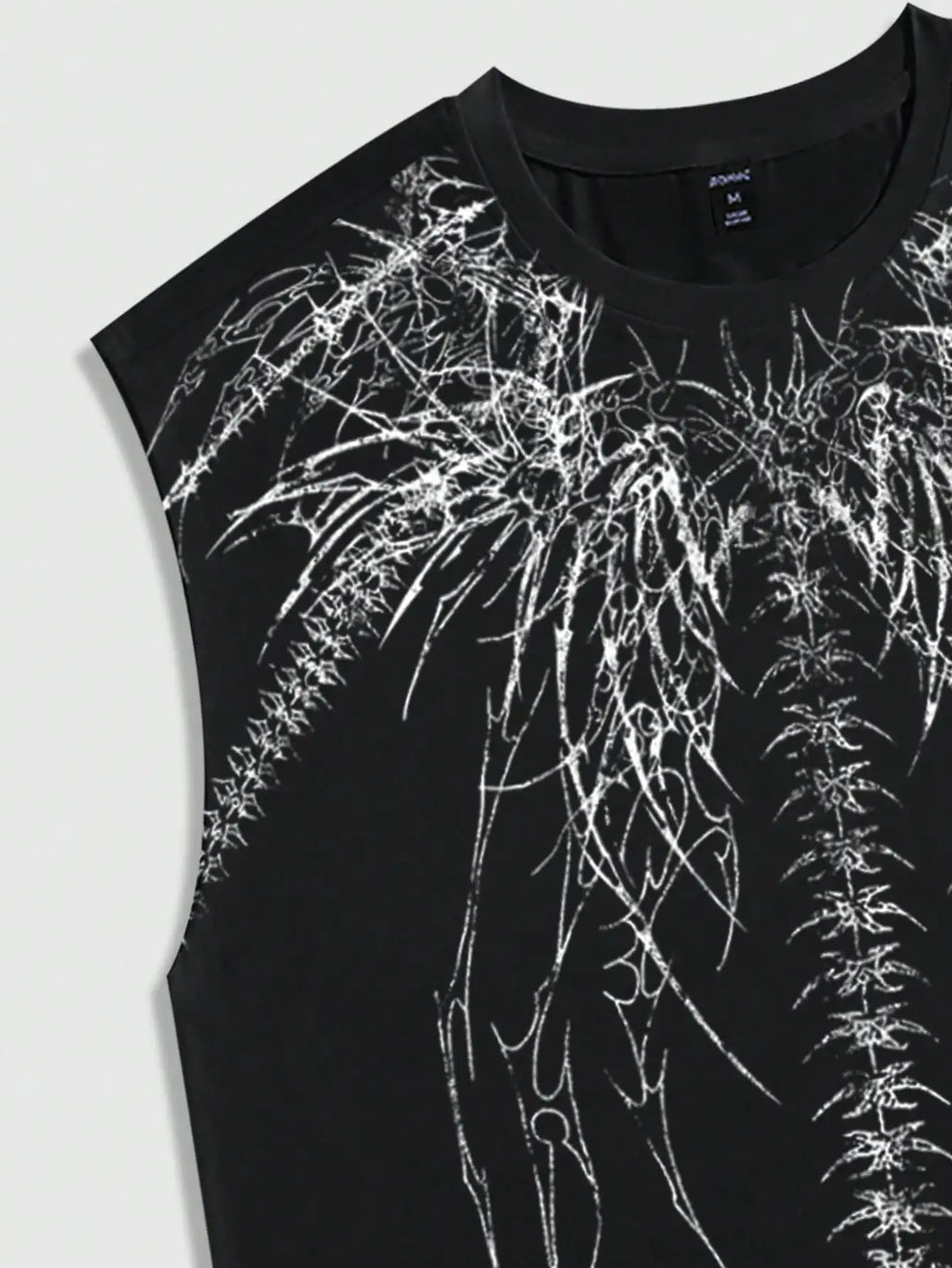 Men's Black Sleeveless Tank Top with Abstract White Graphic Print, Gothic Style, Casual Wear