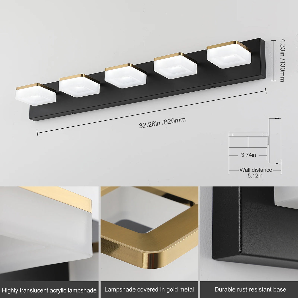 5 - Lamp Vanity Mirror Light For Bathroom, 5500K Acrylic Lampshade, Rust - Proof Frame, Energy - Saving LED Light