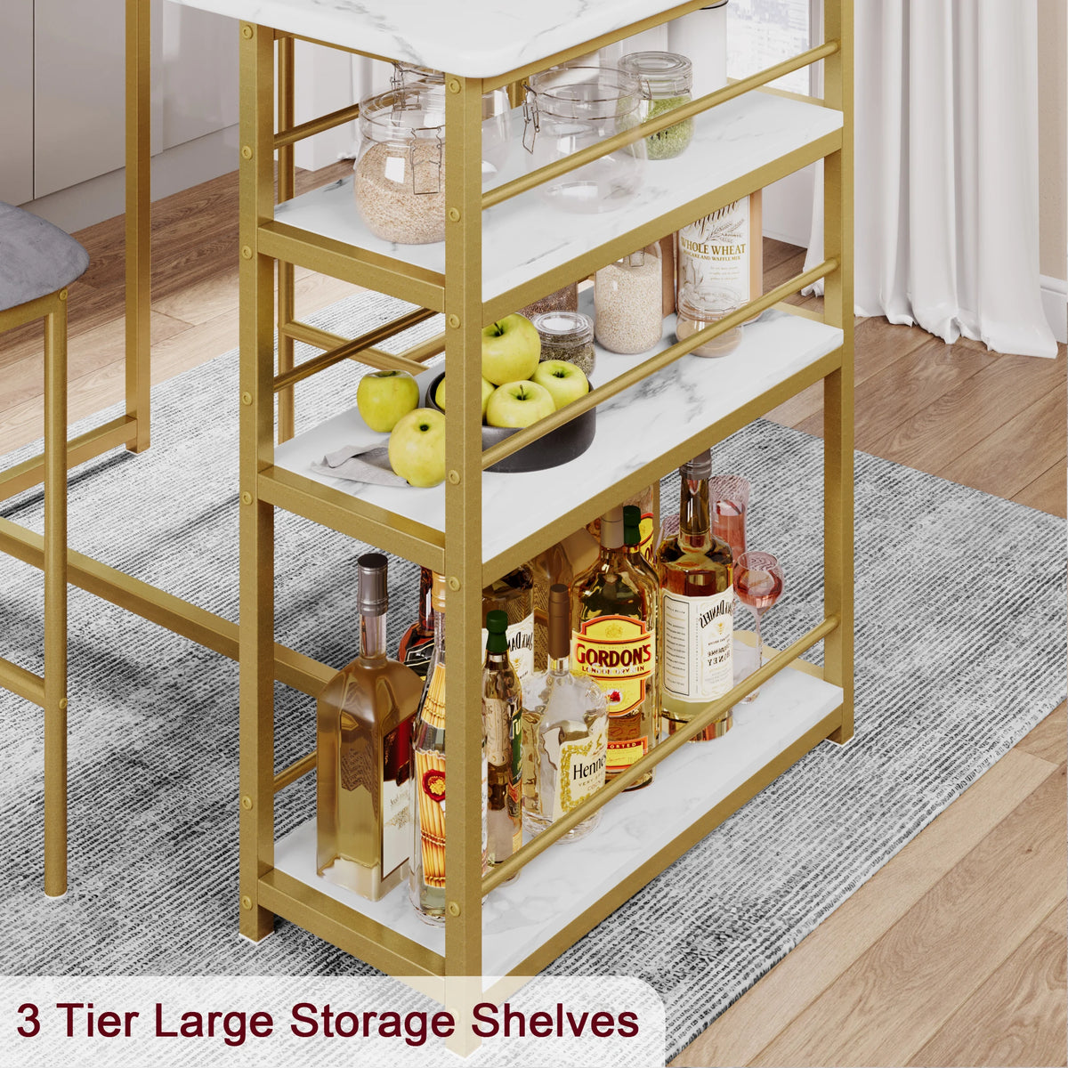 3 Pieces Dining Room Table Set for Small Space Apartment Counter Height Kitchen Table and Chairs Bar Stools Gold
