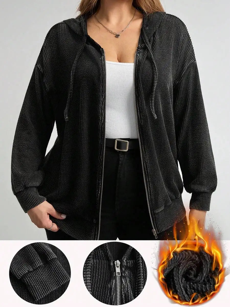 Gray Ribbed Drop Shoulder Zip-Up Hoodie with Drawstring for Spring Fall Casual Wear
