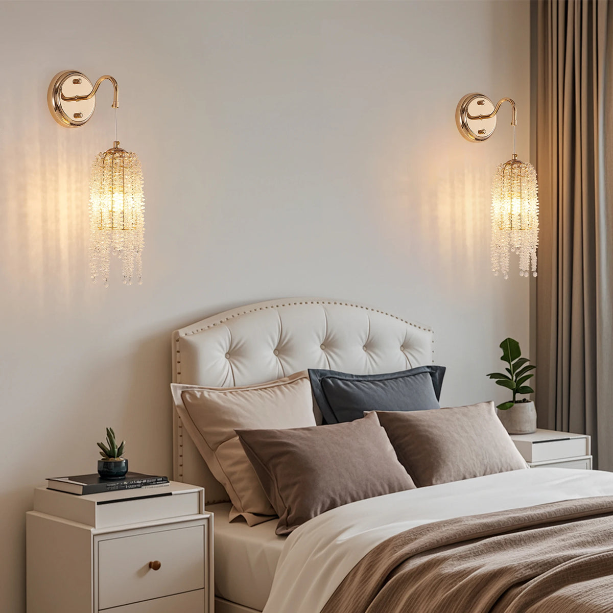 Luxury Gold Crystal Tassel Wall Sconce Adjustable Cord E12 Base Wall Chandelier for Living Room Bedroom Bedside Background Wall