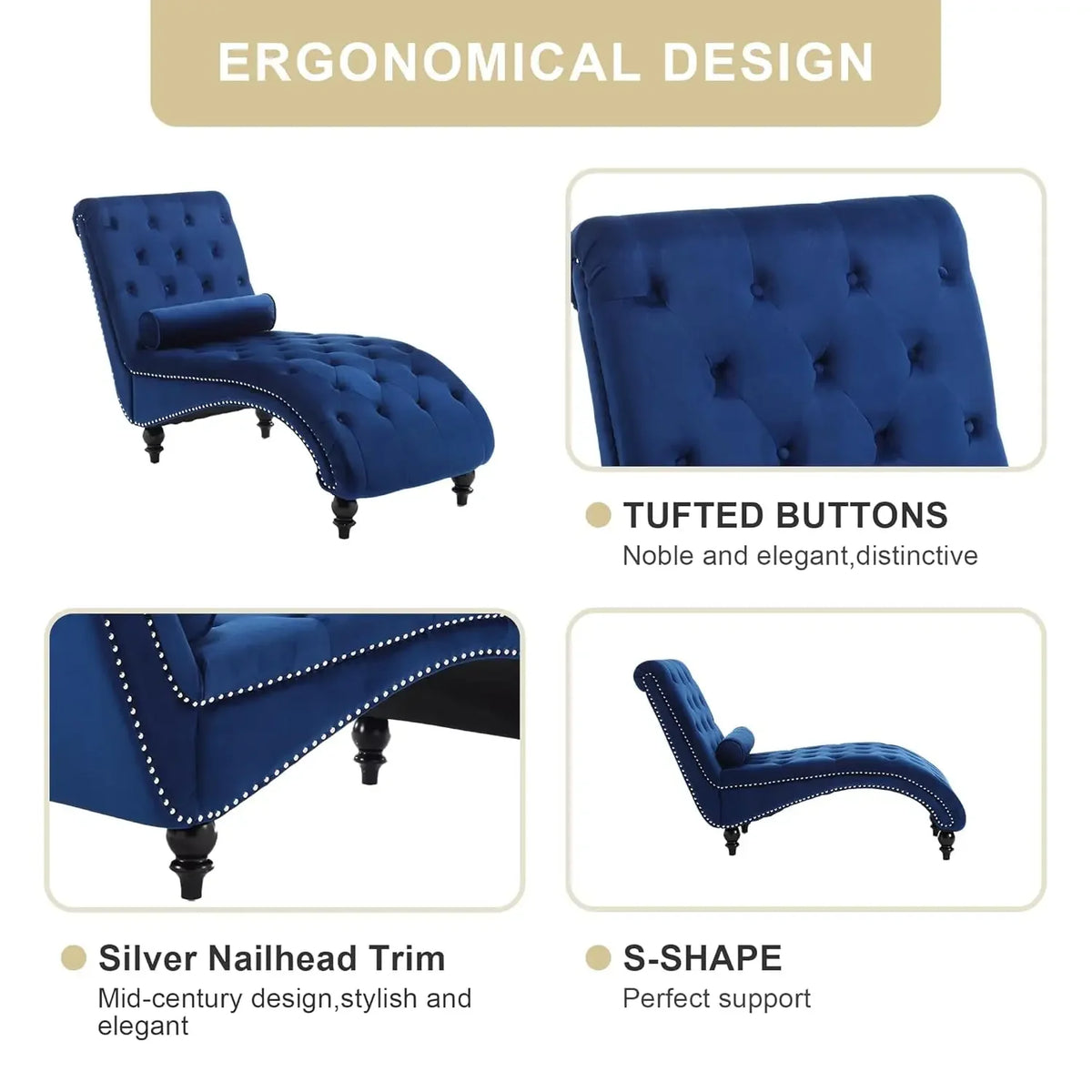 Velvet Button-Tufted Chaise Lounge Chair Indoor Comfortable Seating with Pillow Upholstered Customizable for Bedroom Living Room