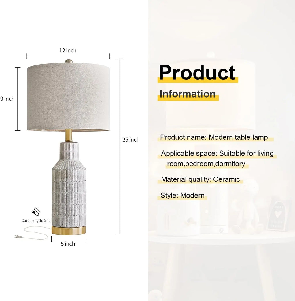 Modern Ceramic Table Lamps Set of 2 - White Washed Finish with Gold Base - 25" Height for Bedroom & Living Room